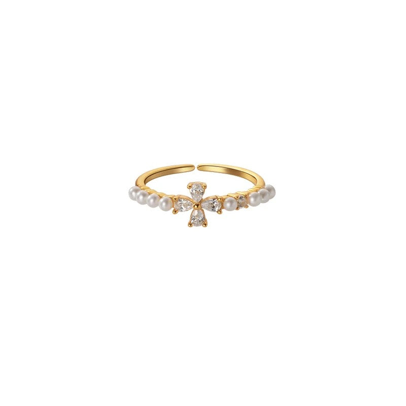 Flower Zircon Pearl Open Ring