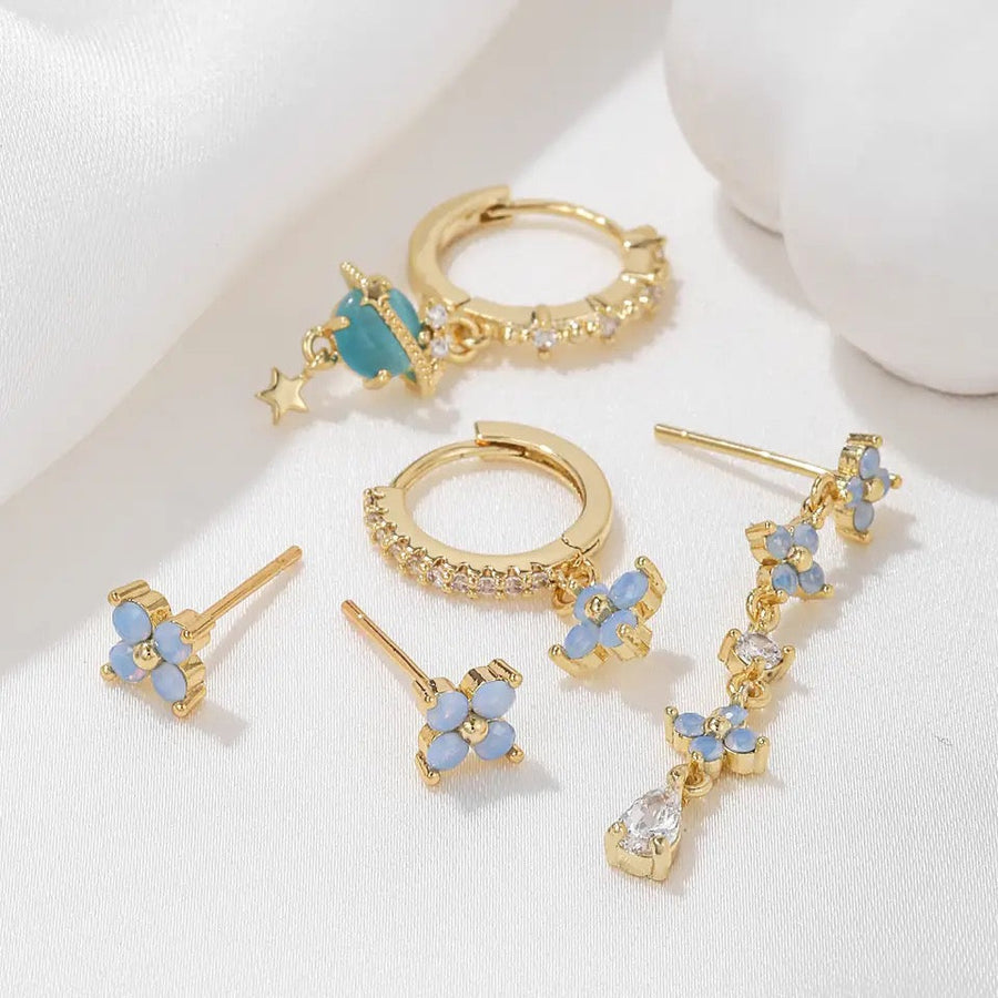 5Pcs Blue Flower Zircon Earrings