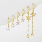 6Pcs Pearl Pink Zircon Flower Earrings