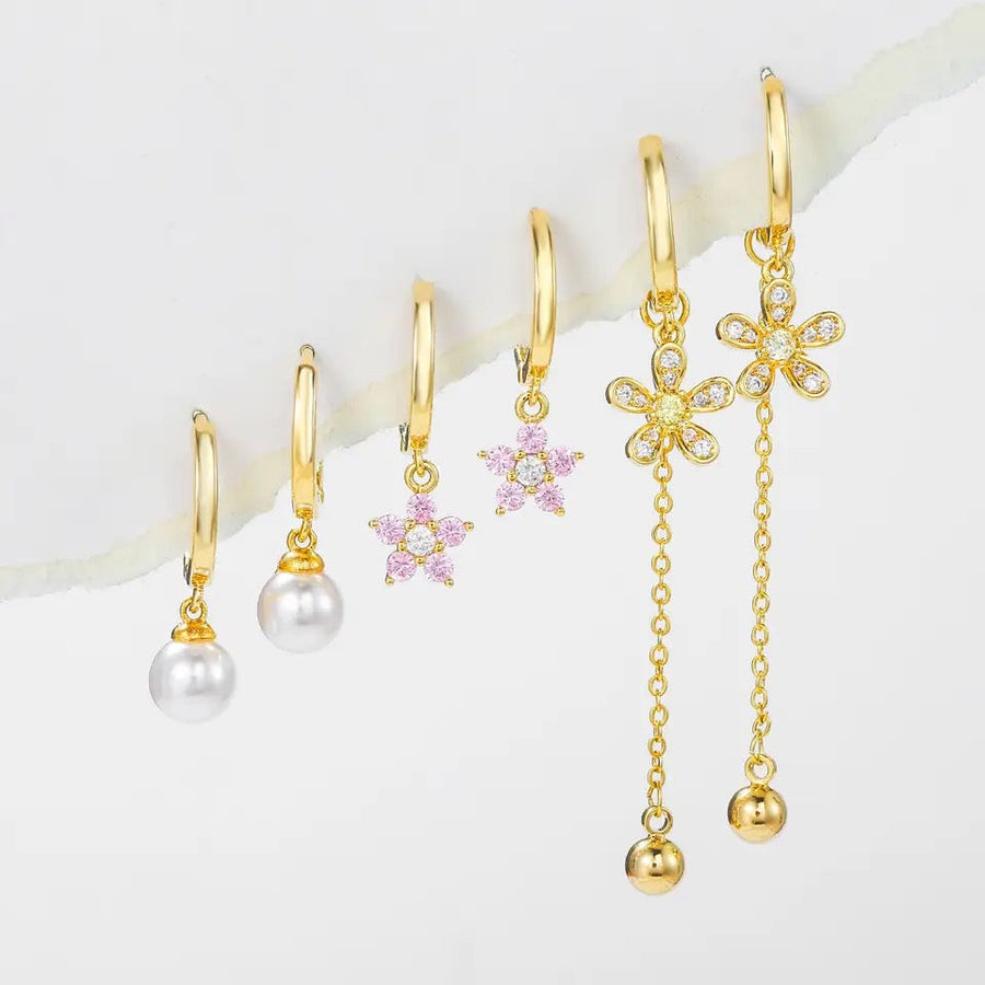 6Pcs Pearl Pink Zircon Flower Earrings