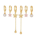 6Pcs Pearl Pink Zircon Flower Earrings