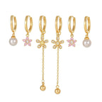6Pcs Pearl Pink Zircon Flower Earrings